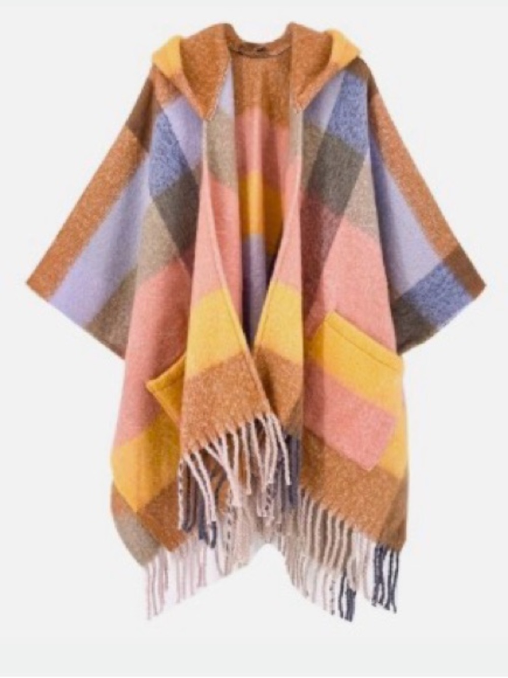 Rainbow Hooded Fringe Poncho — Patchwork Plaid